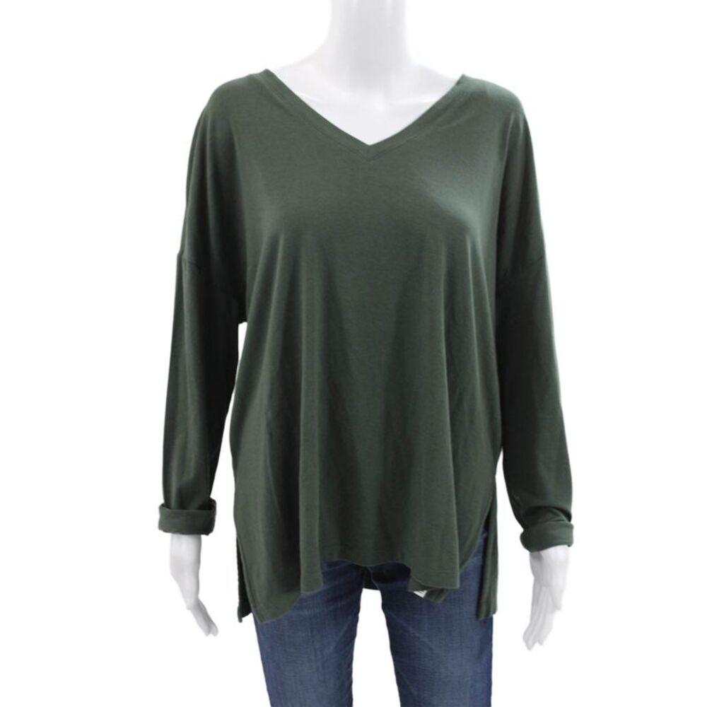 Roots Women Tunic V-Neck Long Sleeve Green Pullover T-Shirt Size M